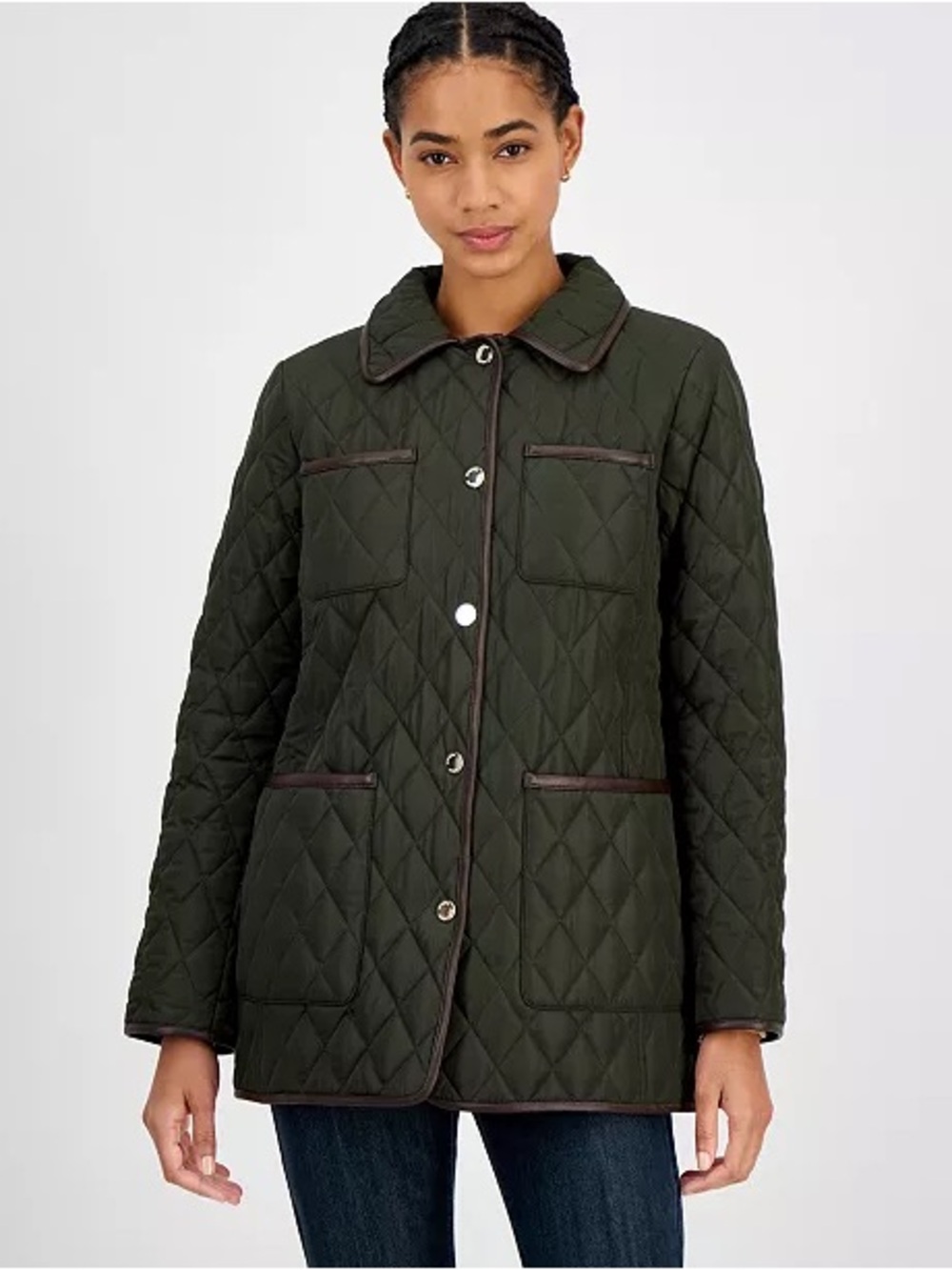 Michael Kors Women’s Quilted Jacket Size M Olive Green Faux Leather Trim Flaw